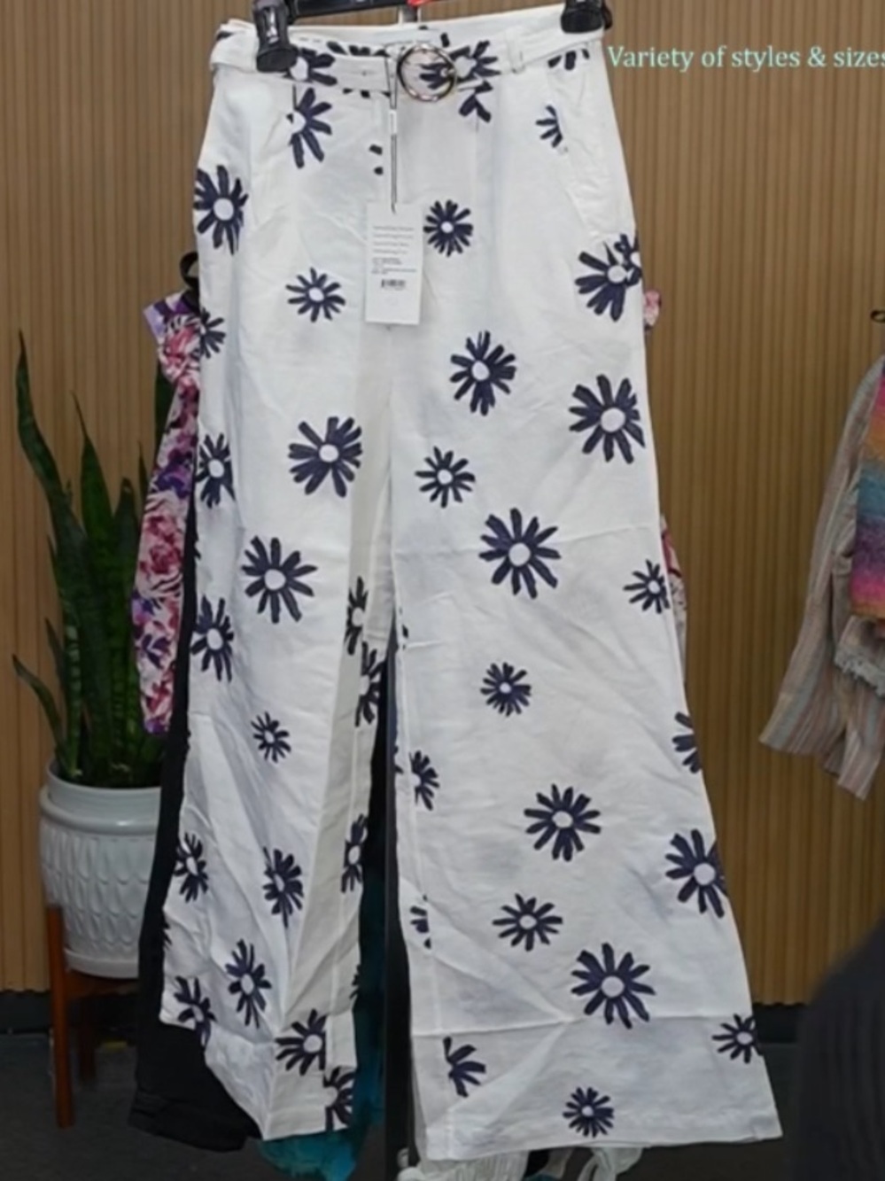 Something Navy White Linen Pants with Navy Daisy Embroidery and Belt